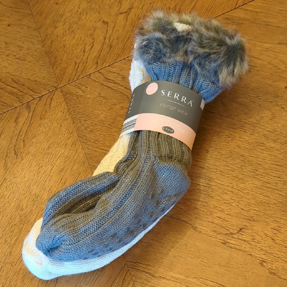 Serra Cozy Chunky Knit Slipper Socks with Faux Fur Trim 2 Pair